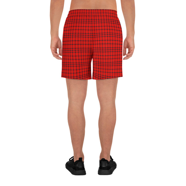 Red Plaid Men's Shorts, Tartan Scottish Style Men's Athletic Long Shorts-Heidi Kimura Art LLC-Heidi Kimura Art LLC Red Plaid Print Shorts, Traditional Preppy Tartan Plaid Print Men's Athletic Best Long Shorts- Made in EU (US Size: XS-3XL)