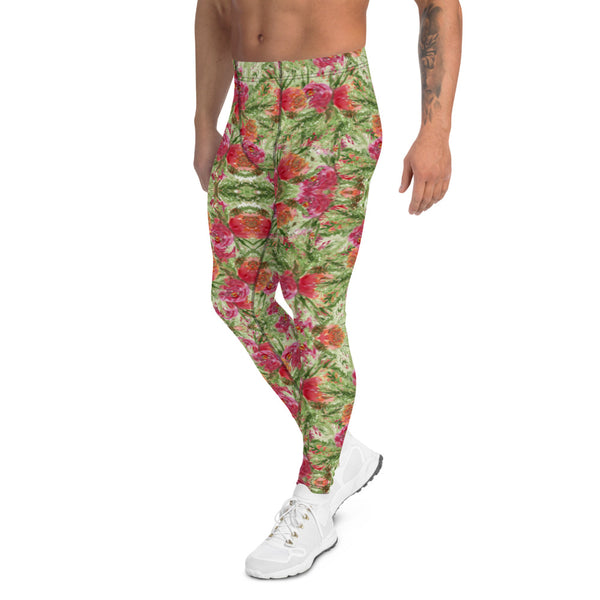 Red Rose Floral Men's Leggings-Heidikimurart Limited -Heidi Kimura Art LLC Red Rose Floral Men's Leggings, Colorful Flower Print Stylish Colorful Sexy Meggings Men's Workout Gym Tights Leggings, Men's Compression Tights Pants - Made in USA/ EU/ MX (US Size: XS-3XL) 