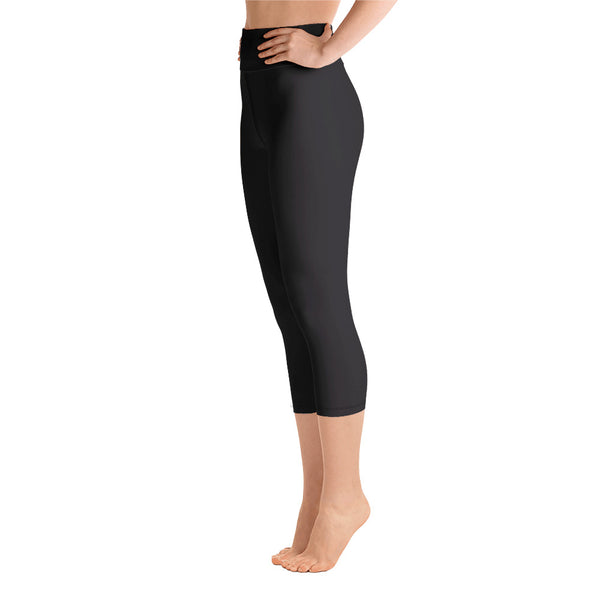 Women's Classic Black Solid Color Yoga Capri Pants Leggings - Made In USA-Capri Yoga Pants-Heidi Kimura Art LLC