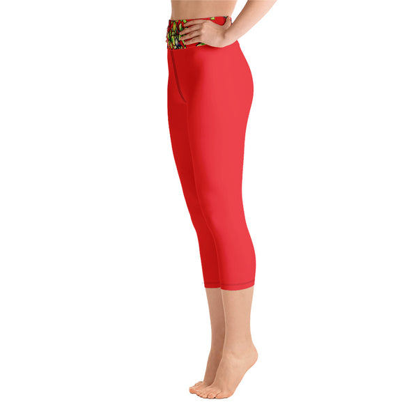 Bright Red Yoga Capri Leggings, Women's Floral Print Capris Tights-Made in USA/EU-Heidi Kimura Art LLC-Heidi Kimura Art LLC