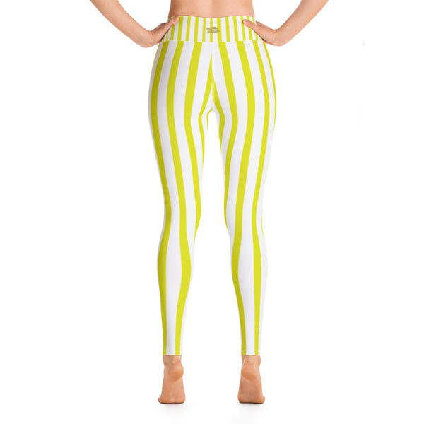Women's Yellow & White Stripe Active Wear Fitted Leggings Sports Long Yoga Pants-Leggings-Heidi Kimura Art LLC Yellow Striped Women's Leggings, Women's Yellow & White Stripe Active Wear Fitted Leggings Sports Long Yoga & Barre Pants - Made in USA/EU (US Size: XS-XL)