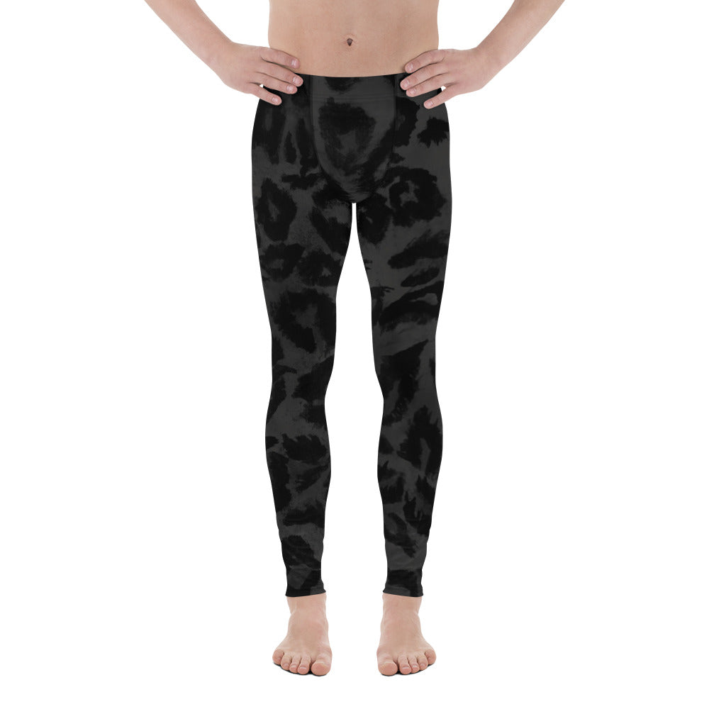 Grey Leopard Print Men's Leggings, Long Compression Yoga Pants Tights- Made in USA/EU-Men's Leggings-XS-Heidi Kimura Art LLC