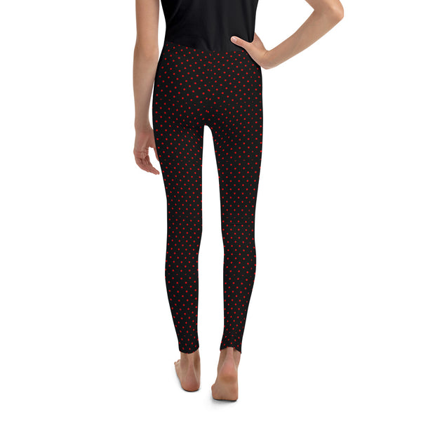 Polka Dots Print Youth Leggings, Premium Black & Red Long Yoga Pants - Made in USA/ EU-Youth's Leggings-Heidi Kimura Art LLC