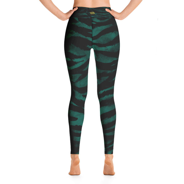 Green Tiger Stripe Print Women's Leggings, Animal Print Long Yoga Pants- Made in USA/EU-Leggings-Heidi Kimura Art LLC
