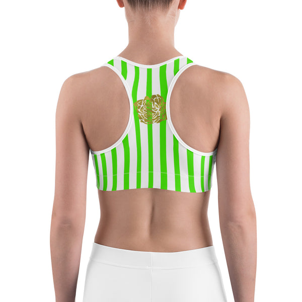 Green Pink Colorful Vertical Stripe Floral Print Women's Sports Bra-Made in USA-Sports Bras-Heidi Kimura Art LLC