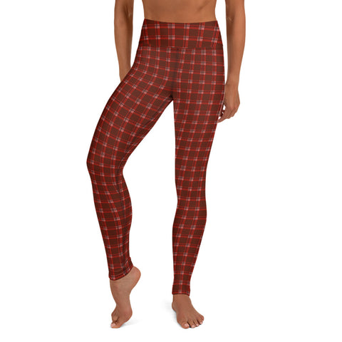 Dark Red Plaid Yoga Leggings, Tartan Print Women's Tights-Made in USA/EU-Heidi Kimura Art LLC-XS-Heidi Kimura Art LLC