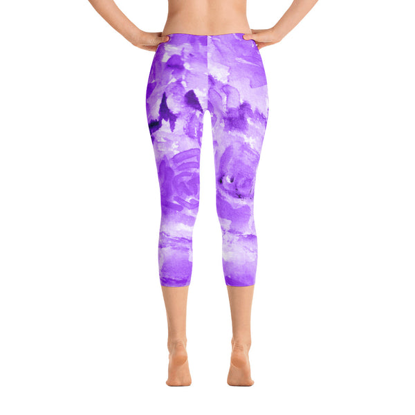 Purple Rose Floral Designer Capri Leggings Activewear Outfit Yoga Pants - Made in USA-capri leggings-XS-Heidi Kimura Art LLC