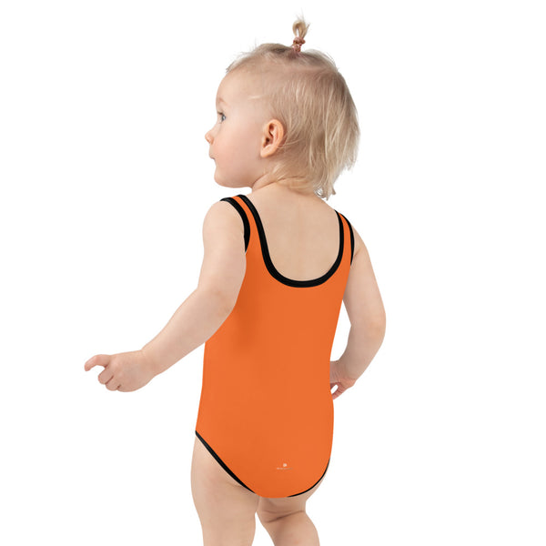 Hot Orange Girl's Swimwear, Solid Color Print Kids Swimsuit-Heidi Kimura Art LLC-Heidi Kimura Art LLC