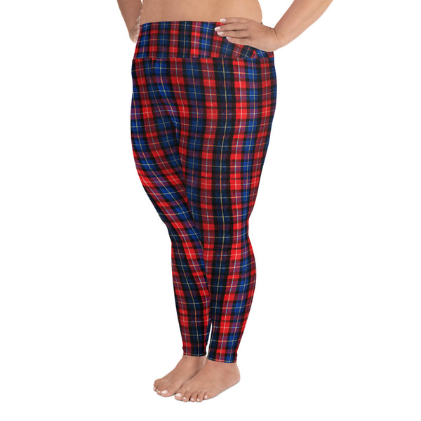 Red Plaid Print Women's Long Yoga Pants Plus Size Leggings -Made In USA-Women's Plus Size Leggings-Heidi Kimura Art LLC
