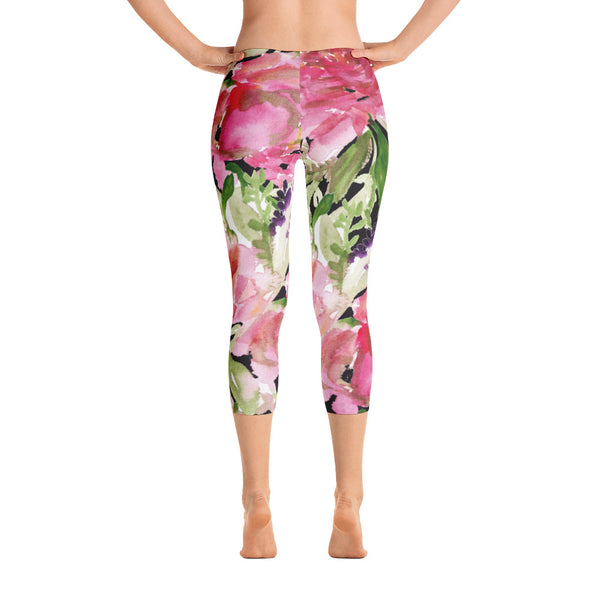 Pink Rose Floral Designer Women's Fashion Casual Capri Leggings - Made in USA-capri leggings-XS-Heidi Kimura Art LLC