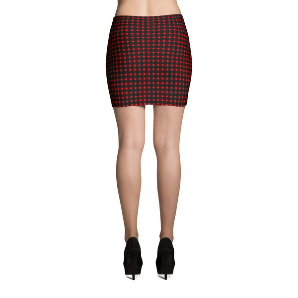 Red Buffalo Plaid Print Designer Best Preppy Women's Mini Skirt- Made in USA/EU-Mini Skirt-Heidi Kimura Art LLC