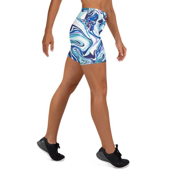 Blue Swirl Women's Yoga Shorts, Abstract Print Elastic Short Tights-Made in USA/EU-Heidi Kimura Art LLC-Heidi Kimura Art LLC Blue Swirl Women's Yoga Shorts, Abstract Print Premium Quality Women's High Waist Spandex Fitness Workout Yoga Shorts, Yoga Tights, Fashion Gym Quick Drying Short Pants With Pockets - Made in USA/EU (US Size: XS-XL)