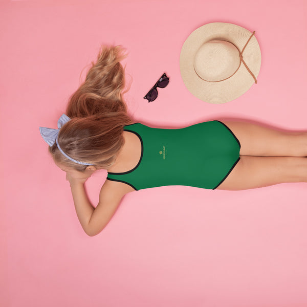 Green Solid Color Print Kids Girl's Premium Swimsuit Swimwear- Made in USA-Kid's Swimsuit (Girls)-Heidi Kimura Art LLC