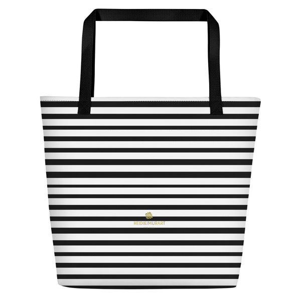 Black White Modern Horizontal Stripe Print 16"x20" Large Beach Tote Bag- Made in USA/EU-Beach Tote Bag-Heidi Kimura Art LLC
