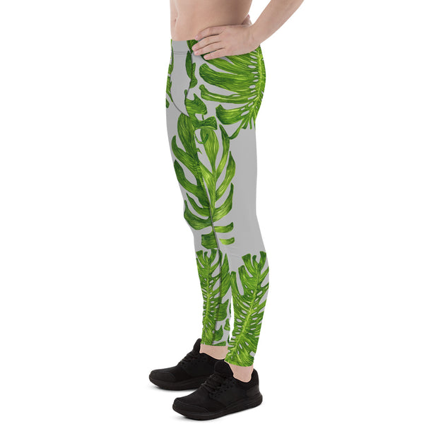 Light Gray Green Tropical Leaf Print Men's Premium Leggings Meggings-Made in USA/EU-Men's Leggings-Heidi Kimura Art LLC