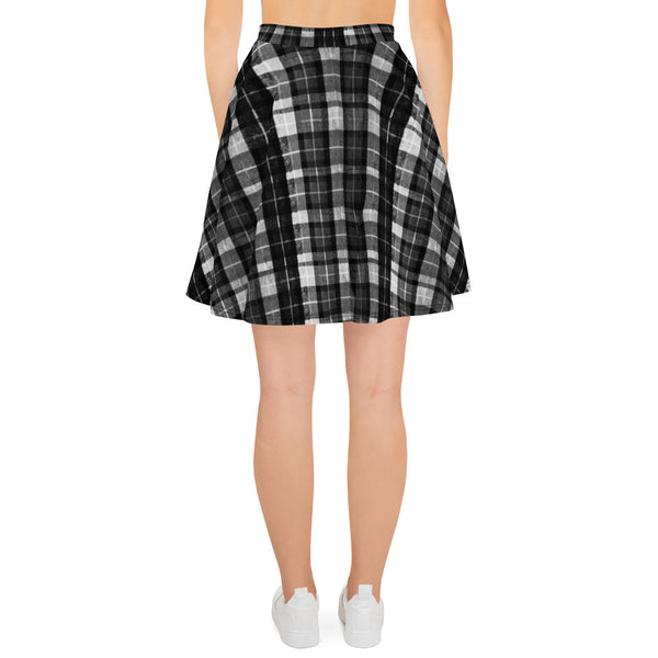 Black Plaid Print Women's Skater Skirt, Plaid Print Elastic Skirt For Women-Made in USA/EU-Skater Skirt-Heidi Kimura Art LLC