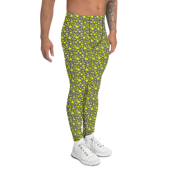 Grey Yellow Starry Meggings, Designer Men's Leggings-Heidi Kimura Art LLC-Heidi Kimura Art LLC Grey Yellow Starry Meggings, Designer Fun Designer Star Print Modern Meggings, Men's Leggings Tights Pants - Made in USA/EU (US Size: XS-3XL) Sexy Meggings Men's Workout Gym Tights Leggings