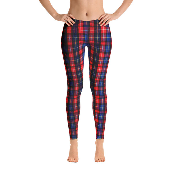 Red Plaid Polyester Spandex Elastic Women's Casual Leggings - Made in USA (US Size: XS-XL)-Casual Leggings-Heidi Kimura Art LLC