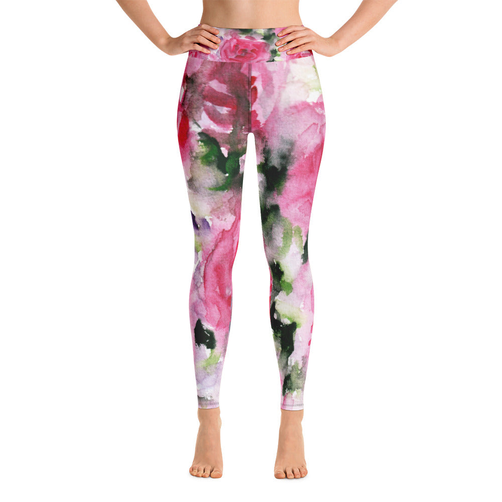 Pink Abstract Floral Women's Leggings, Rose Print Long Yoga Gym