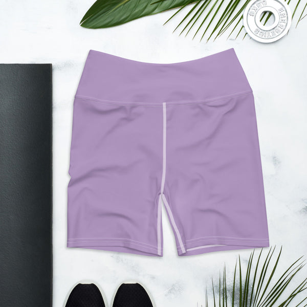 Light Purple Yoga Shorts, Solid Color Modern Minimalist Premium Quality Women's High Waist Spandex Fitness Workout Yoga Shorts, Yoga Tights, Fashion Gym Quick Drying Short Pants With Pockets - Made in USA/EU (US Size: XS-XL)
