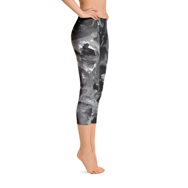 Gray Rose Floral Capri Leggings, Designer Capris Casual Tights Activewear - Made in USA-capri leggings-Heidi Kimura Art LLC