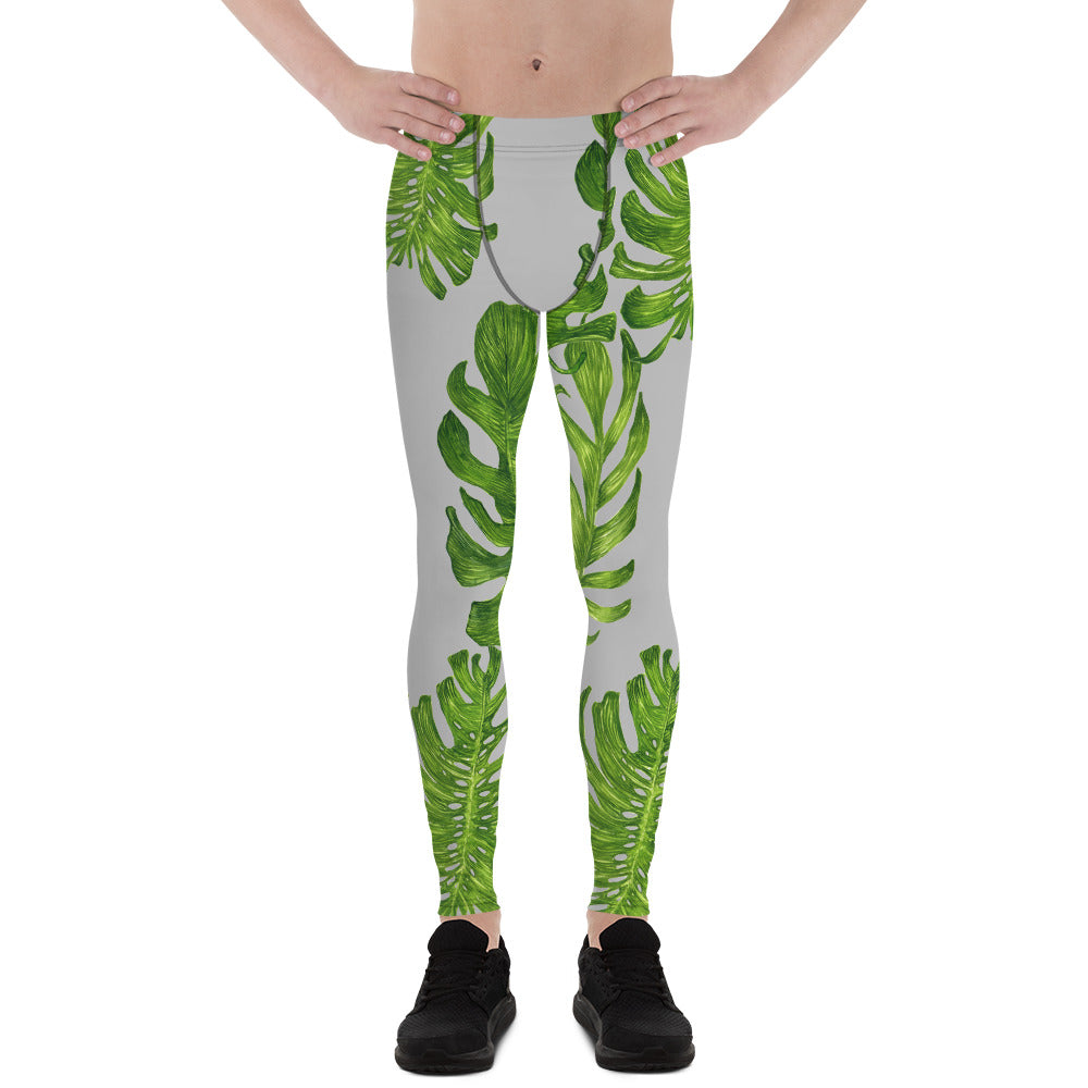 Light Gray Green Tropical Leaf Print Men's Premium Leggings Meggings-Made in USA/EU-Men's Leggings-XS-Heidi Kimura Art LLC