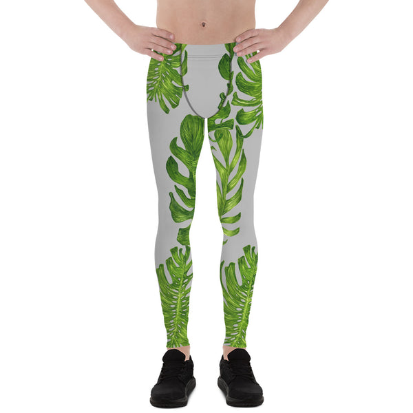 Light Gray Green Tropical Leaf Print Men's Premium Leggings Meggings-Made in USA/EU-Men's Leggings-XS-Heidi Kimura Art LLC