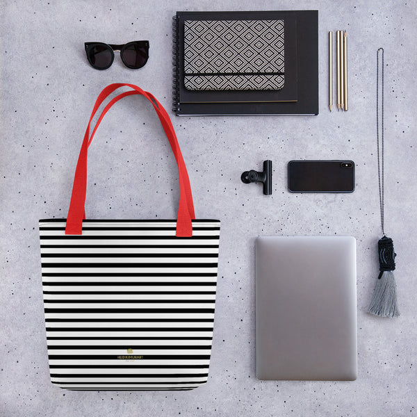 Black Horizontal Striped Tote Bag, White 15" x 15" Striped Market Bag- Made in USA/EU-Tote Bag-Heidi Kimura Art LLC
