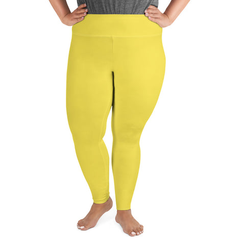 Bright Yellow Solid Color Print Women's Plus Size Leggings Best Pants- Made in USA/EU-Women's Plus Size Leggings-2XL-Heidi Kimura Art LLC