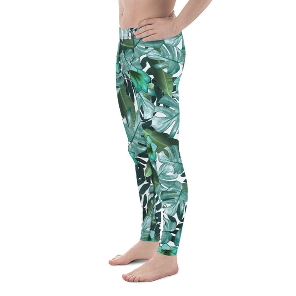 Green Tropical Leaf Print Sexy Men's Leggings Tights Compression Workout Pants-Men's Leggings-Heidi Kimura Art LLC