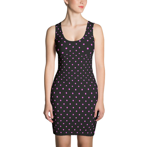Pink Black Polka Dots Print Women's Long Premium Quality Sleeveless Dress-Made in USA/EU-Women's Sleeveless Dress-XS-Heidi Kimura Art LLC