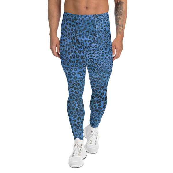 Blue Leopard Men's Leggings, Animal Print Meggings Compression Tights-Heidikimurart Limited -XS-Heidi Kimura Art LLC Blue Leopard Print Men's Leggings, Animal Print Leopard Modern Meggings, Men's Leggings Tights Pants - Made in USA/EU/MX (US Size: XS-3XL) Sexy Meggings Men's Workout Gym Tights Leggings