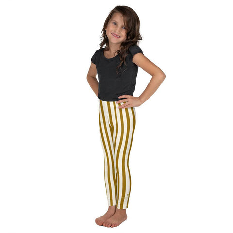 Modern Brown Vertical Stripe Print Cute Kid's Leggings Workout Pants -Made in USA/ EU-Kid's Leggings-Heidi Kimura Art LLC