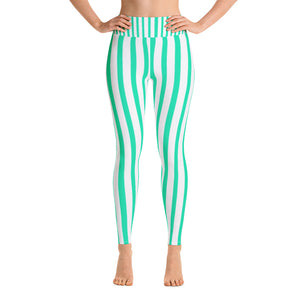 Women's Turquoise & White Stripe Active Wear Fitted Leggings - Made in USA-Leggings-XS-Heidi Kimura Art LLC