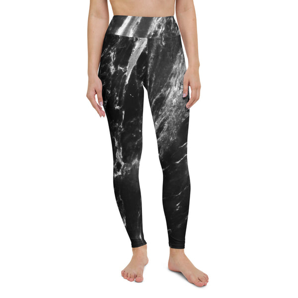 Black Abstract Marble Yoga Leggings, Marbled Print Women's Tights-Made in USA/EU-Heidi Kimura Art LLC-Heidi Kimura Art LLC