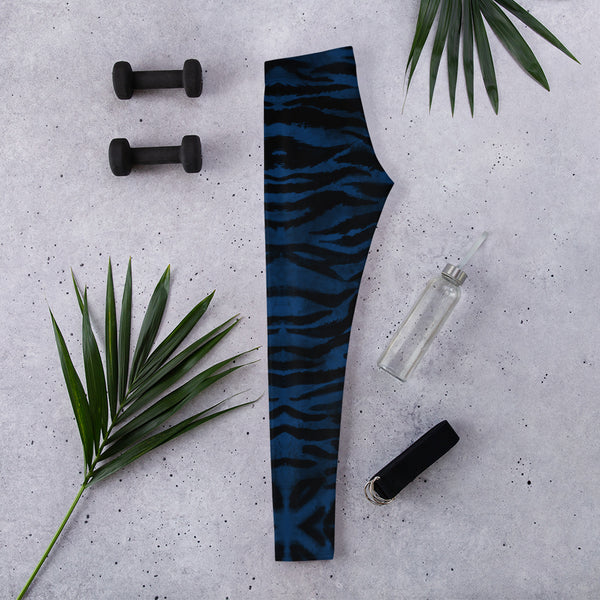 Navy Blue Tiger Striped Leggings, Animal Print Women's Long Tights-Made in USA/EU-Heidi Kimura Art LLC-Heidi Kimura Art LLC