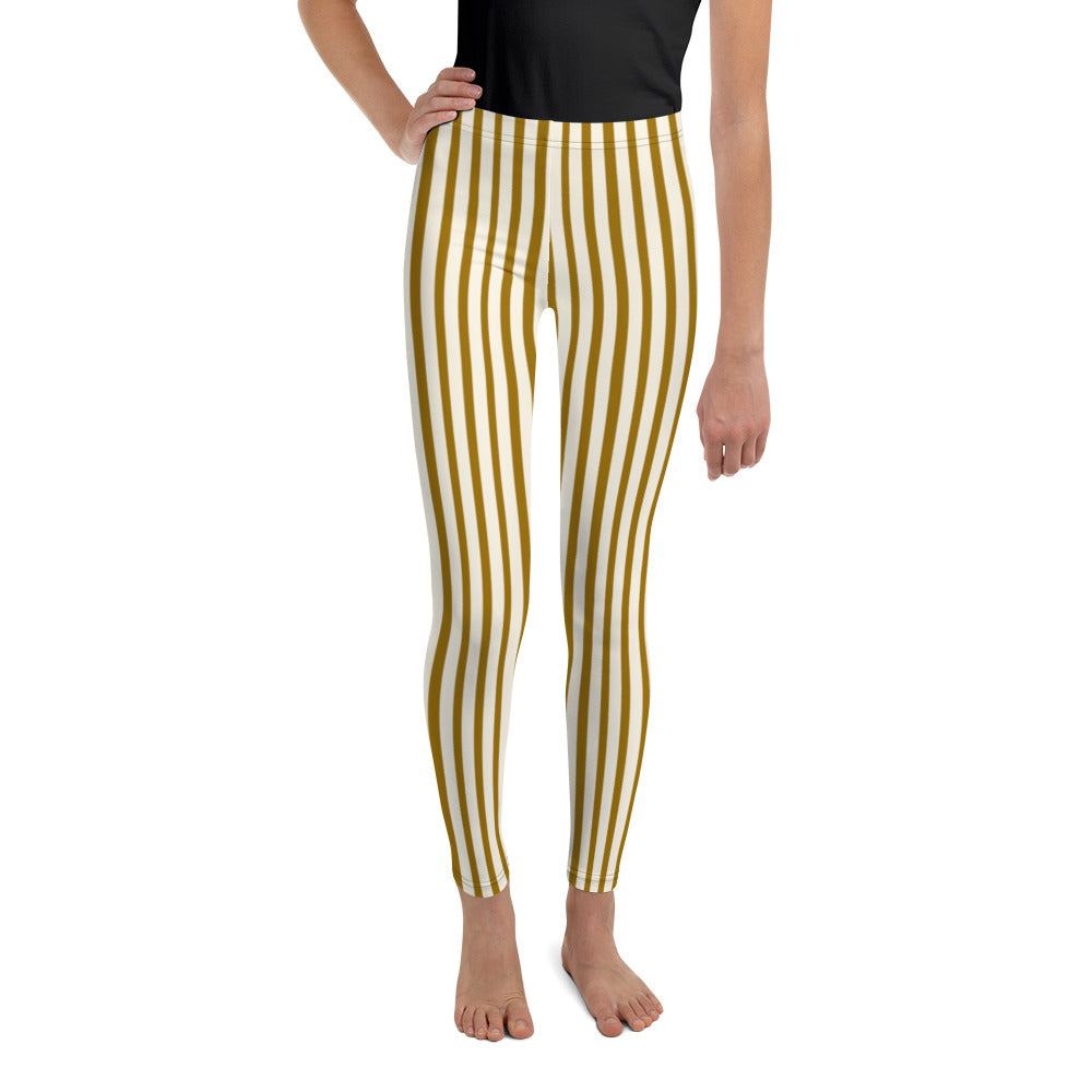 Classic Light Yellow Brown Vertical Stripe Print Premium Youth Leggings-Made in USA/EU-Youth's Leggings-8-Heidi Kimura Art LLC