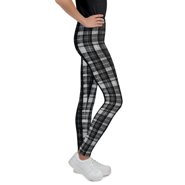 Black Plaid Girl Bottoms Winter Essentials Sports Gym Youth Leggings, Made in USA-Youth's Leggings-Heidi Kimura Art LLC Black Plaid Girl's Leggings, Black Plaid Print Designer Girl Bottoms Winter Essentials Sports Gym Youth Leggings, Made in USA/EU (US Size: 8-20)