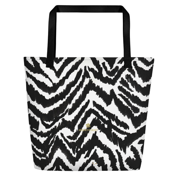 Modern Black White Zebra Animal Pattern Print Large Tote 16"x20" Beach Bag- Made in USA/EU-Beach Tote Bag-Black-Heidi Kimura Art LLC