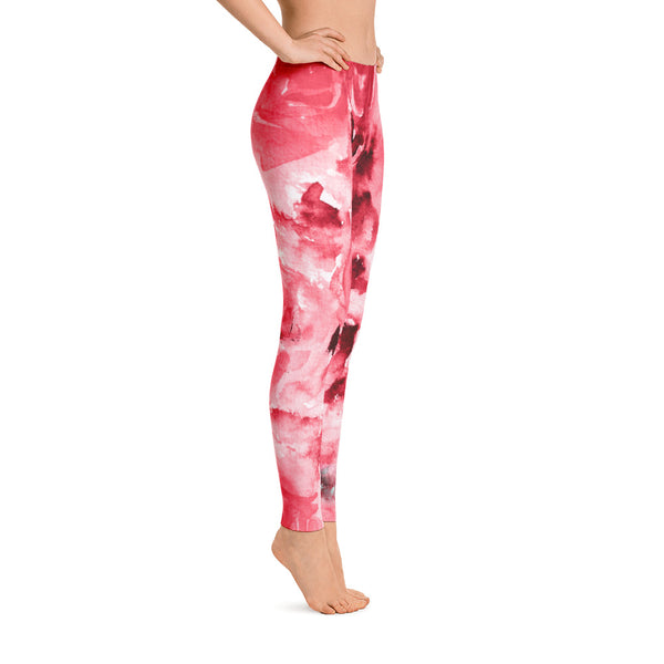 Red Rose Print Floral Women's Long Casual Leggings/ Running Tights - Made in USA/EU-Casual Leggings-Heidi Kimura Art LLC