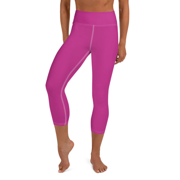 Hot Solid Pink Color Premium Women's Yoga Capri Leggings Pants- Made in USA/ EU-Capri Yoga Pants-XS-Heidi Kimura Art LLC
