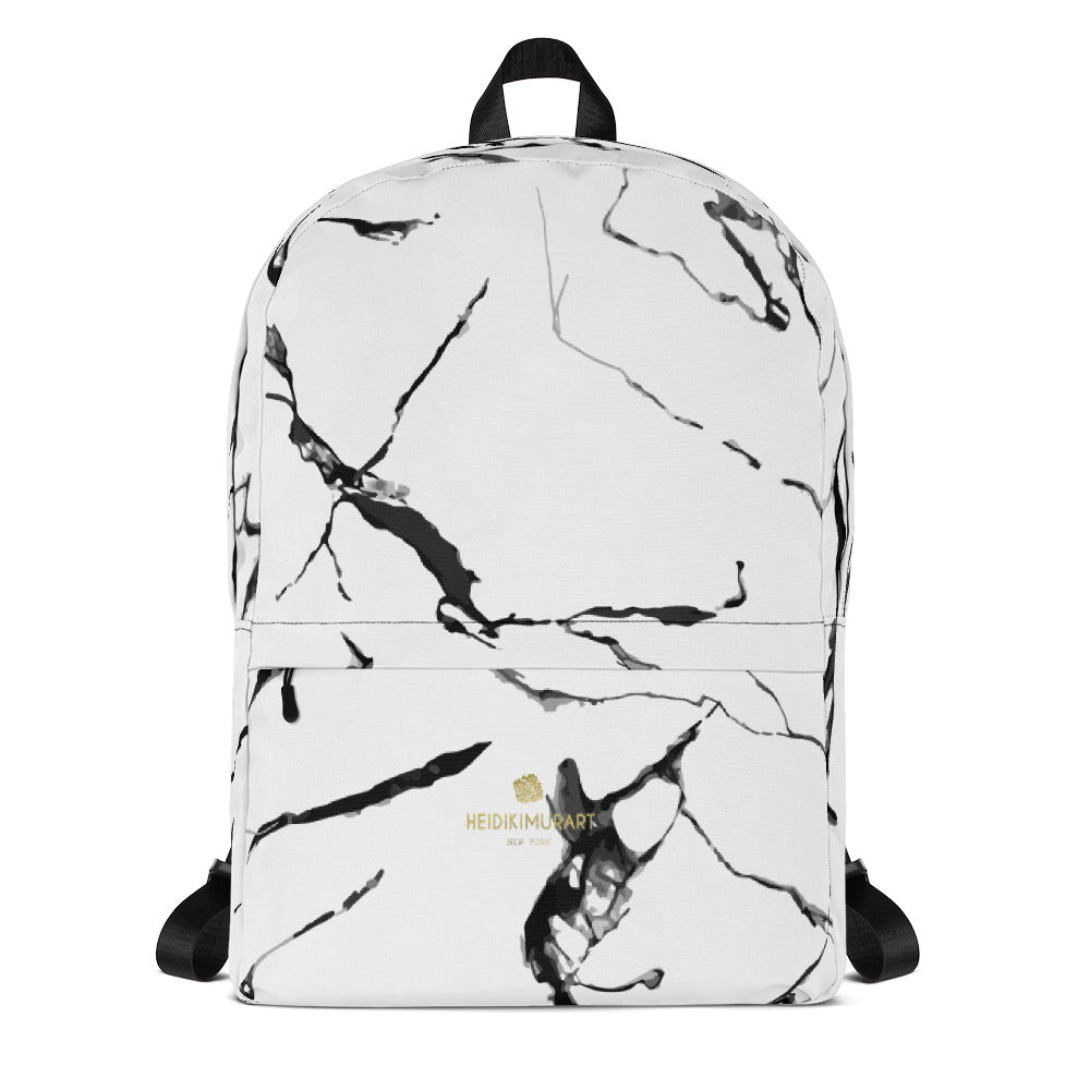 White Marble Print Unisex Designer Premium Quality Best Backpack Bag- Made in USA/EU-Backpack-Heidi Kimura Art LLC