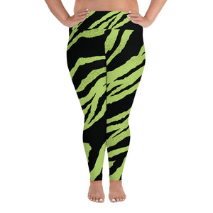 Green & Black Tiger Stripe Animal Print Women's Long Yoga Pants-Women's Plus Size Leggings-2XL-Heidi Kimura Art LLC