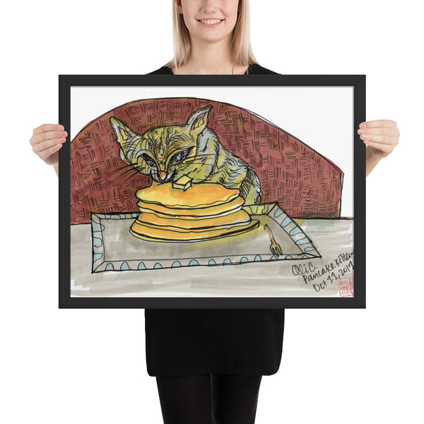 Super Hungry Gray Pancake Cat Framed Poster - Made in USA-Art Print-18×24-Heidi Kimura Art LLC