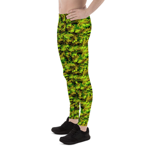Black Green Camo Print Meggings, Army Military Print Men's Leggings-Made in USA/EU-Men's Leggings-Heidi Kimura Art LLC