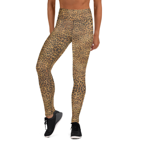 Leopard Women's Yoga Leggings, Brown Animal Print Long Tights-Made in USA/EU-Heidi Kimura Art LLC-Heidi Kimura Art LLC