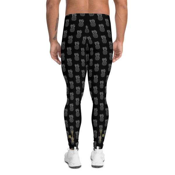 Black Pineapple Print Men's Leggings, Fun Tropical Fruit Pineapple Sexy Meggings Men's Workout Gym Tights Leggings, Men's Compression Tights Pants - Made in USA/ EU (US Size: XS-3XL) 