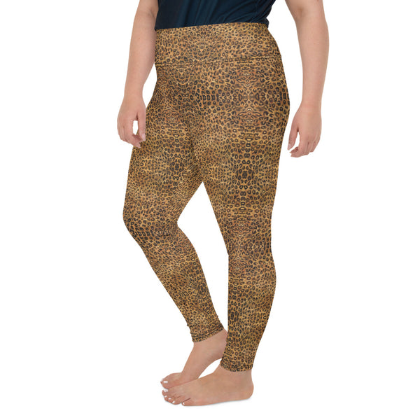 Leopard Plus Size Leggings, Animal Print Yoga Pants For Women-Made in USA/EU-Heidi Kimura Art LLC-Heidi Kimura Art LLC Leopard Plus Size Leggings, Women's Brown Animal Print High Waist Premium Women's Long Yoga Tights Pants Plus Size Leggings- Made in USA (US Size: 2XL-6XL)