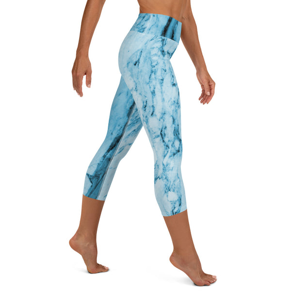 Blue Marble Yoga Capri Leggings, Abstract Print Capris Tights-Made in USA/EU-Heidi Kimura Art LLC-Heidi Kimura Art LLC