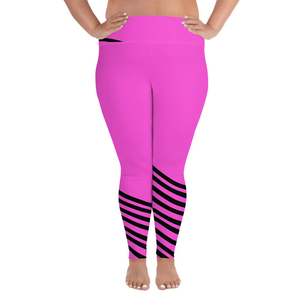 Hot Pink Black Diagonal Stripe Women's Fitness Yoga Leggings-Women's Plus Size Leggings-2XL-Heidi Kimura Art LLC